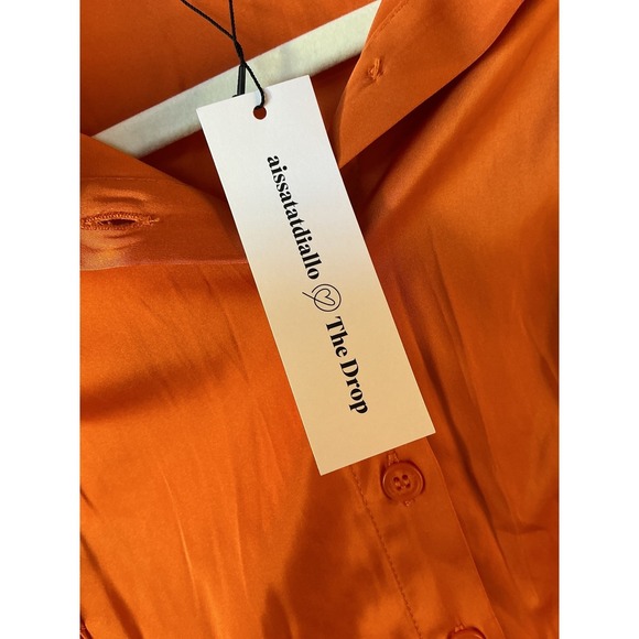 The Drop x Aissata Diallo Orange Smocked Satin Button Down Shirt Small NEW - Picture 9 of 10